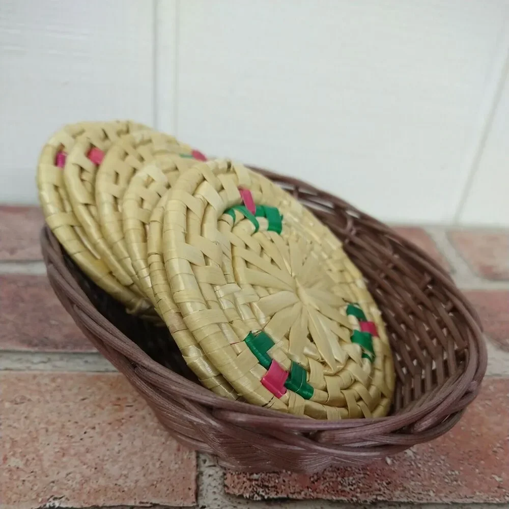 Set of 6 Woven‎ Drink Coasters - Wicker Rattan / Bohemian (+ Basket)